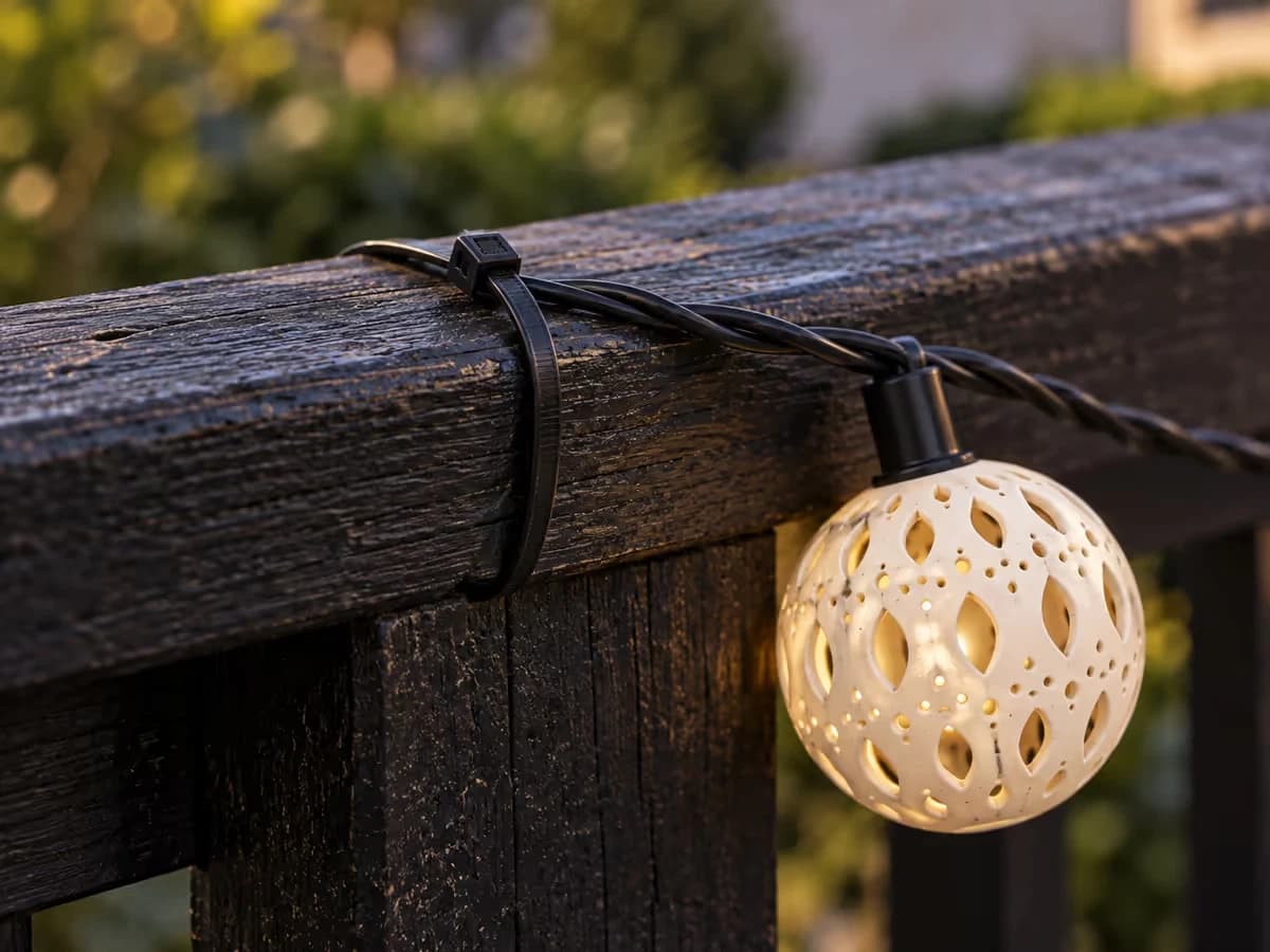 Câble fin d'une guirlande lumineuse passé dans un collier de serrage noir sur une rambarde