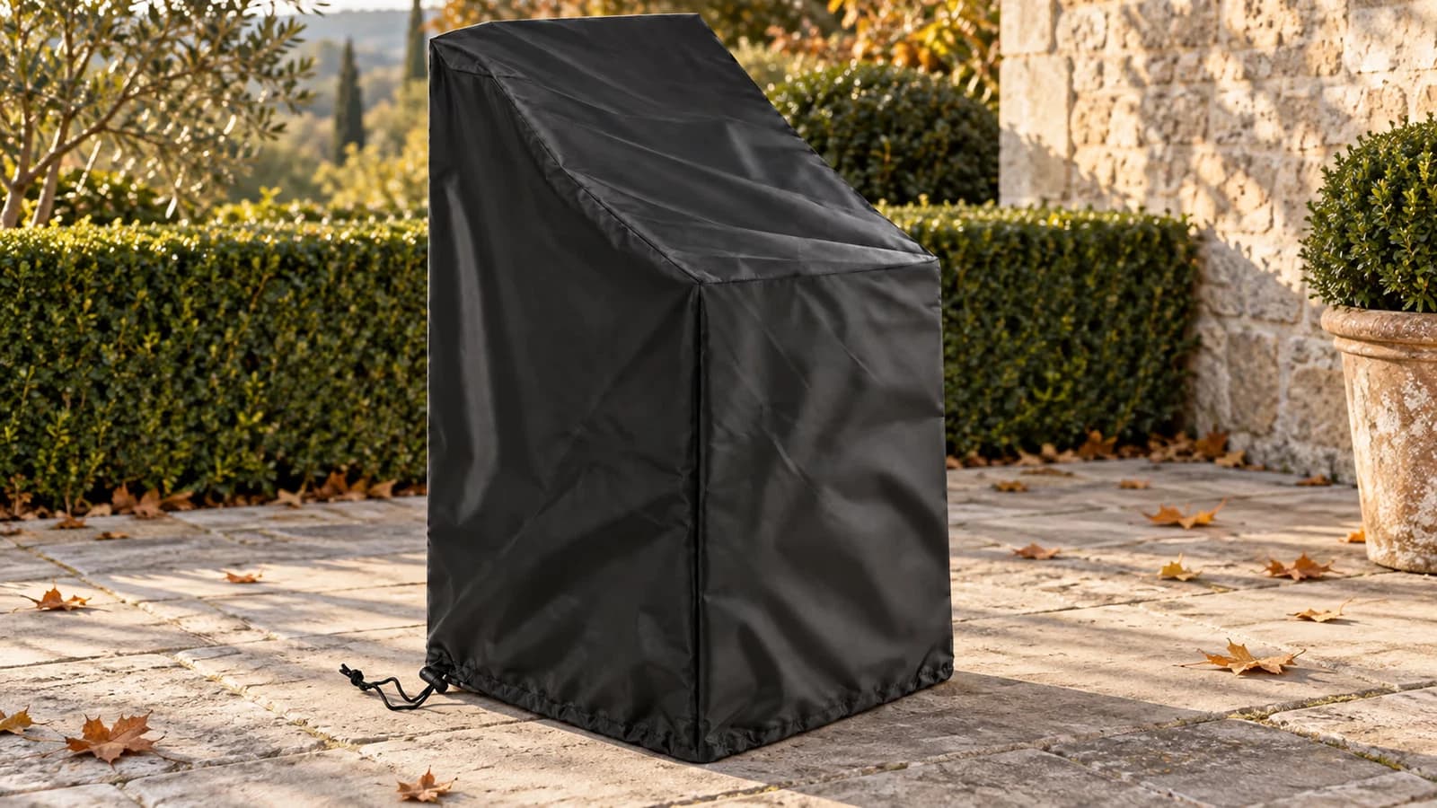 Housse de protection noire posée sur une pile de chaises de jardin empilables, sur une terrasse en dalles à l'automne