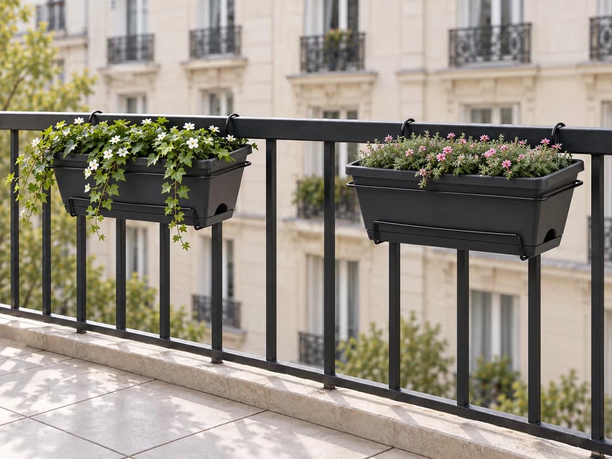 Deux jardinières gris foncé espacées sur un garde-corps de balcon, feuillages bas et façade en arrière-plan