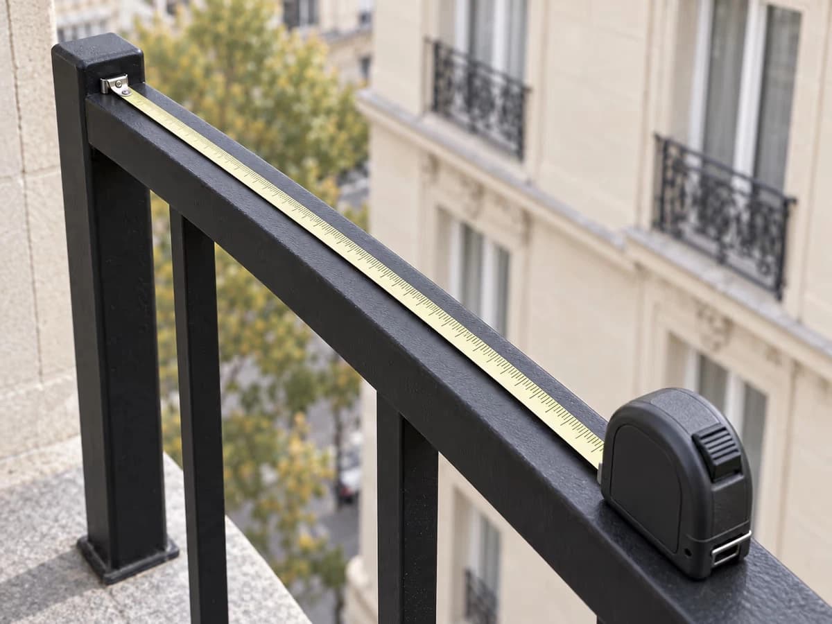 Mètre ruban déroulé le long du dessus d'une lisse de garde-corps métallique, montants et balcon visibles