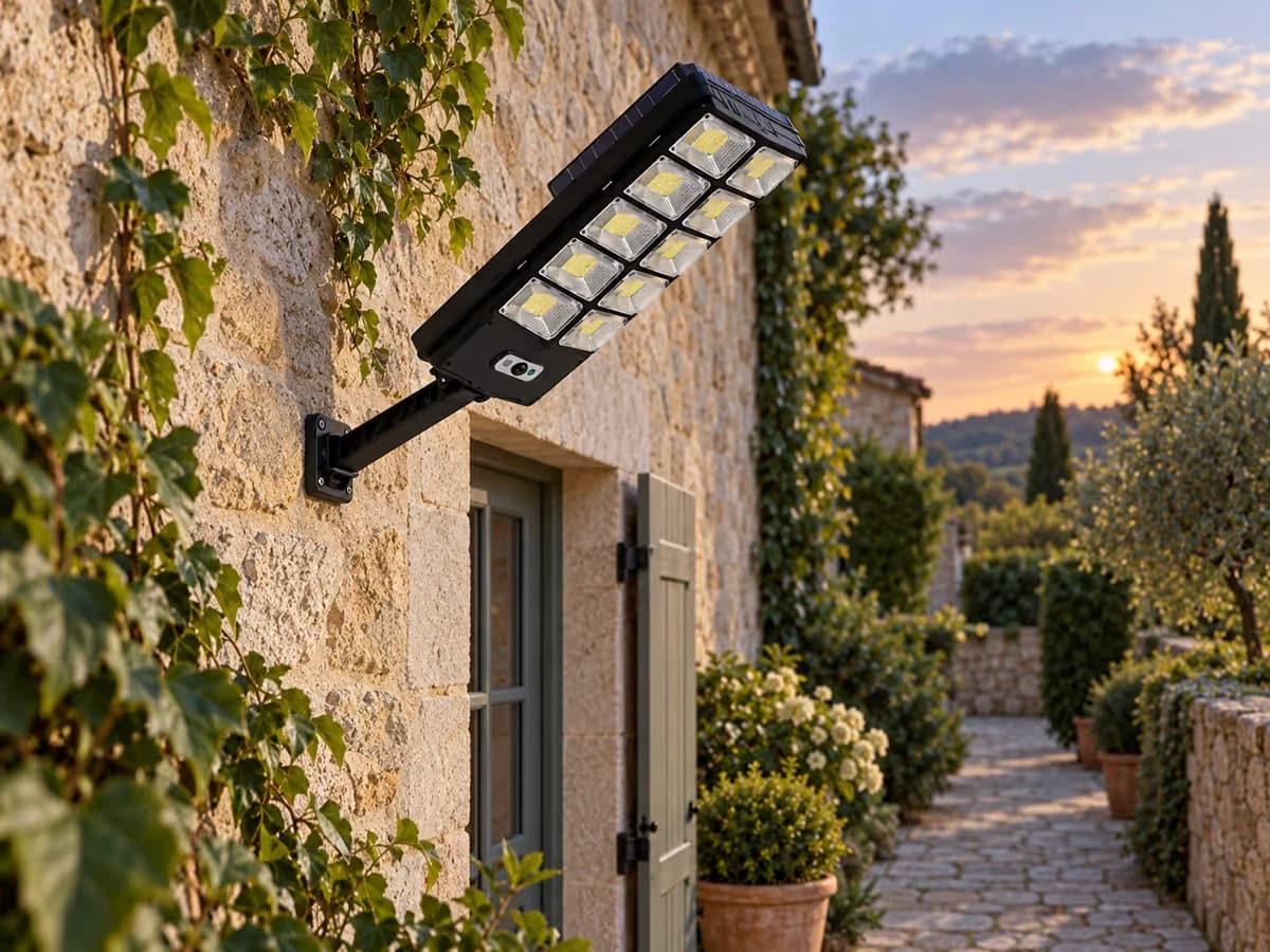 Applique solaire noire vue de profil sur un mur de façade, bras de fixation incliné orientant le boîtier vers une allée pavée