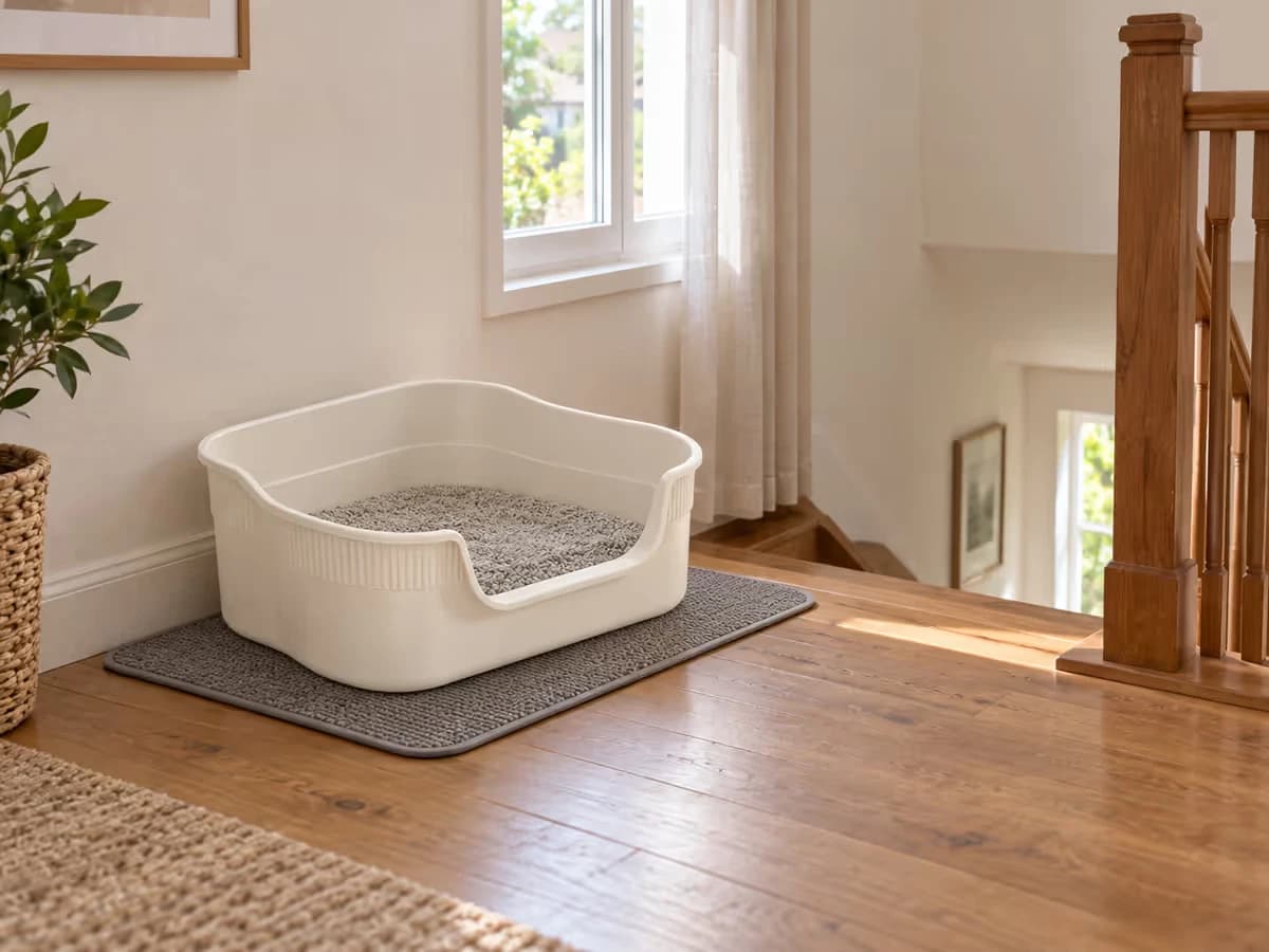 Bac de propreté semi-fermé posé sur un palier d'escalier en bois, éloigné de la rambarde, sur un tapis de protection