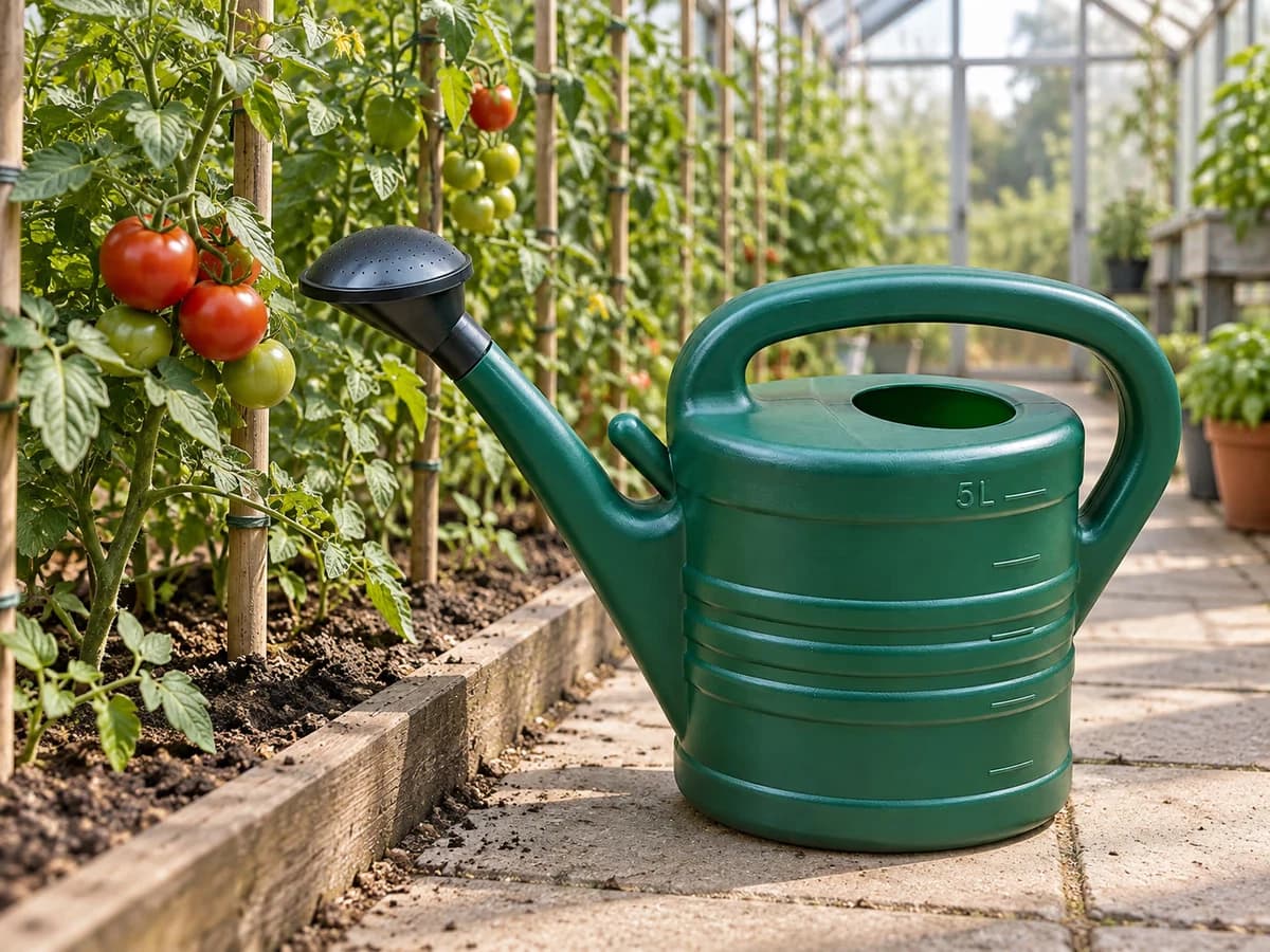 Arrosoir vert foncé posé dans l'allée étroite d'une serre, le bec tourné vers un rang de plants tuteurés