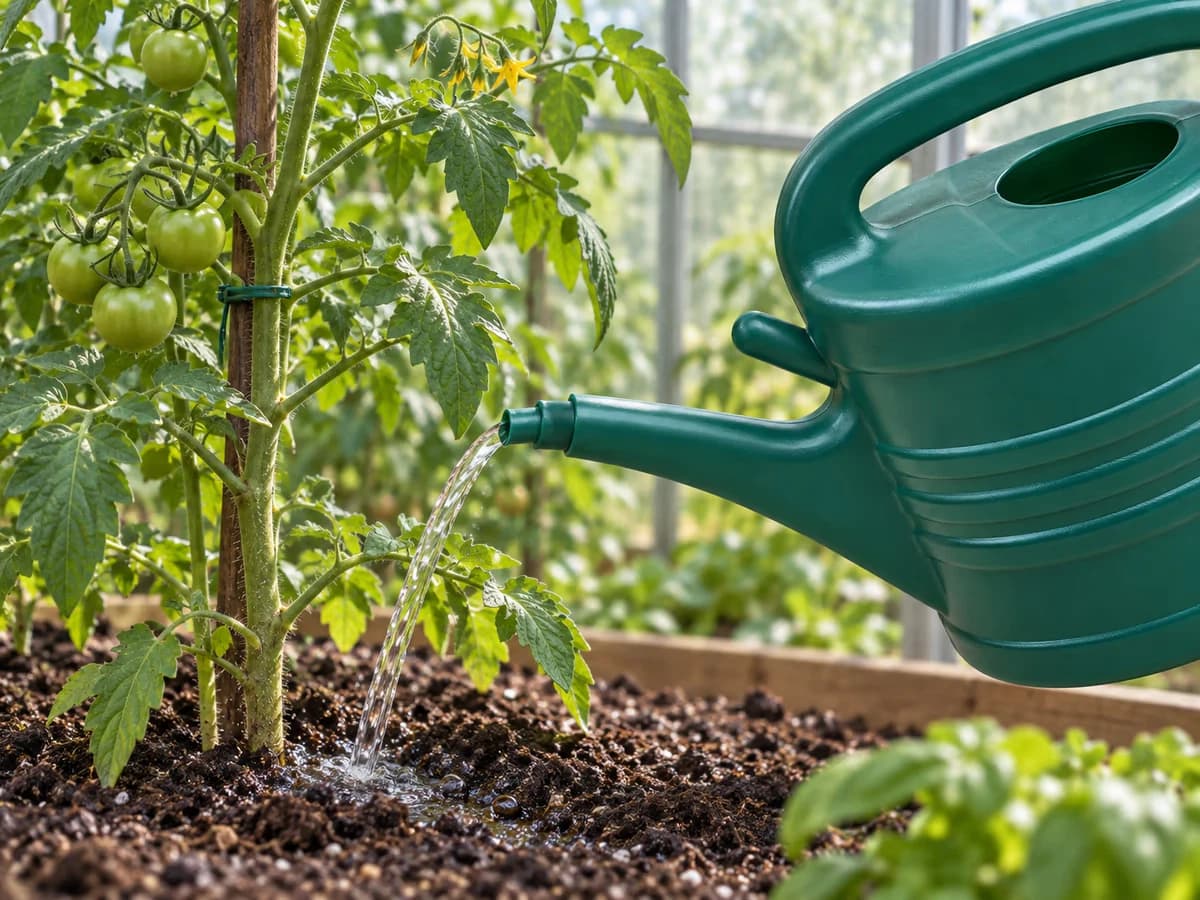 Bec d'arrosoir vert foncé arrêté à quelques centimètres du collet d'un plant de tomate tuteuré