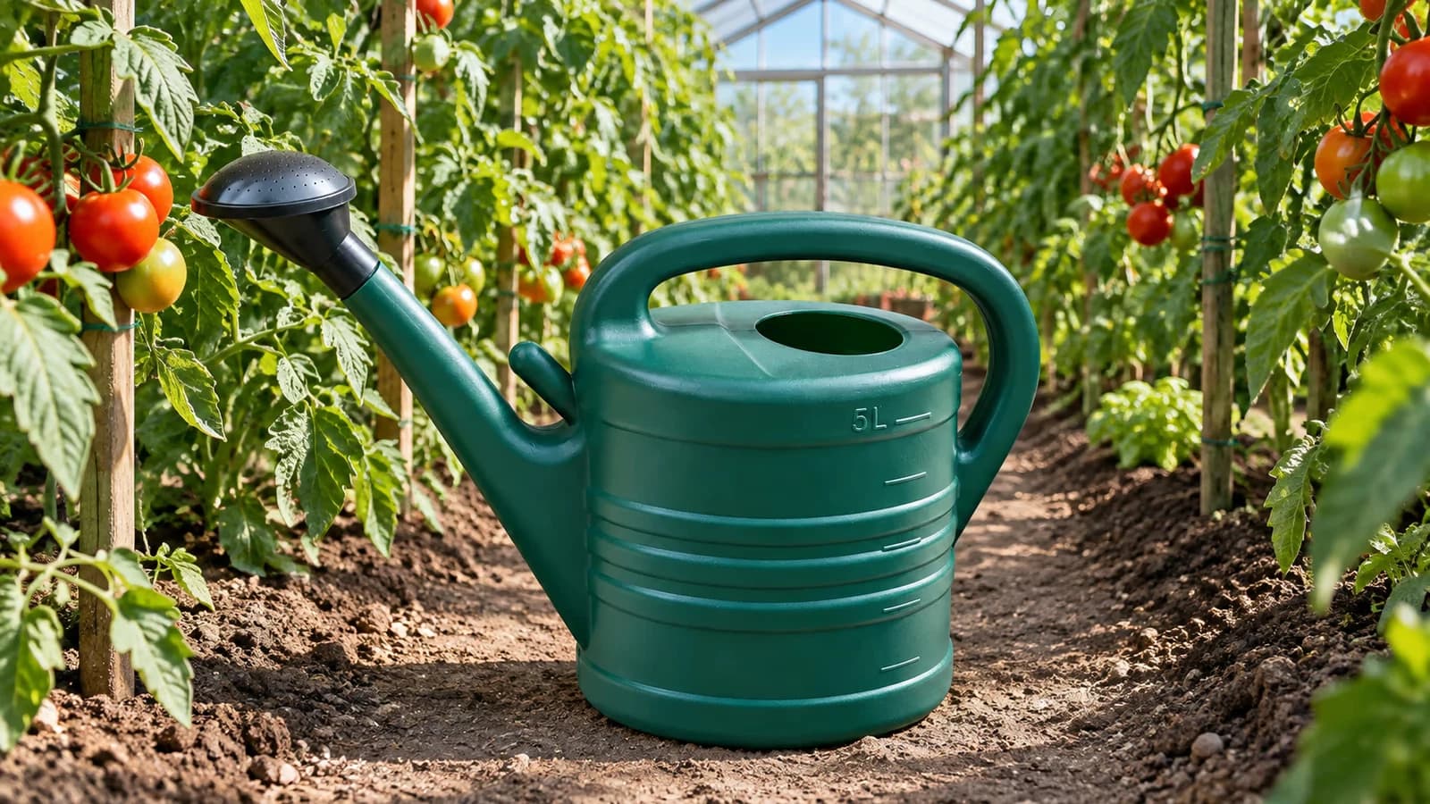 Arrosoir vert foncé posé au sol dans l'allée d'une serre, entre deux rangs de tomates tuteurées