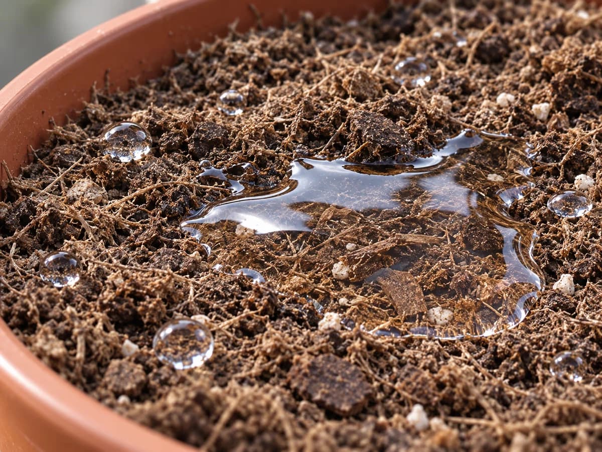 Substrat sec dans un pot où l'eau forme une flaque en surface au lieu de pénétrer