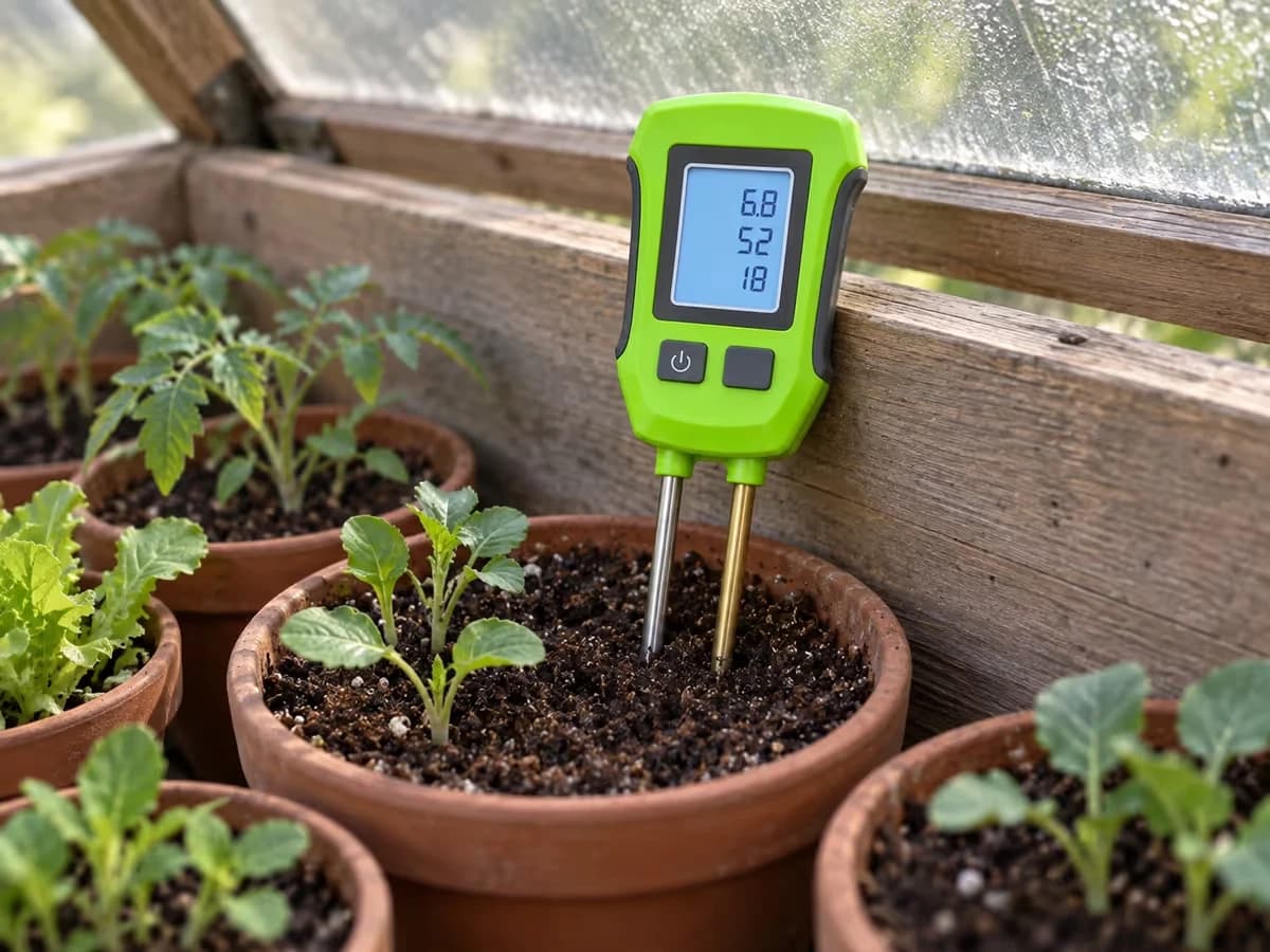 Testeur de sol dans un châssis de semis à l'ombre, écran LCD rétroéclairé lisible dans la pénombre, godets de jeunes plants autour