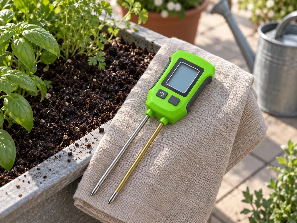 Testeur de sol posé sur un chiffon sec au bord d'une jardinière, terre encore sombre après un arrosage, arrosoir vide en arrière-plan