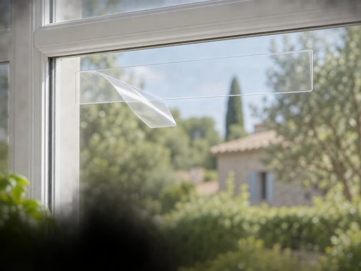 Bande collante transparente appliquée en haut d'un carreau, film frontal à moitié décollé et replié vers le bas