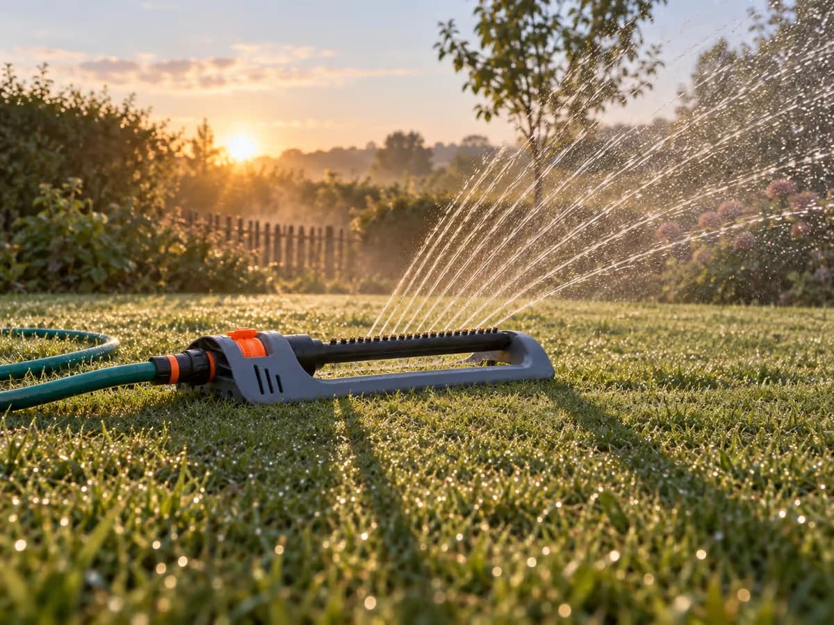 Arroseur oscillant en fonctionnement sur une pelouse à l'aube, ombre allongée de la barre sur l'herbe humide