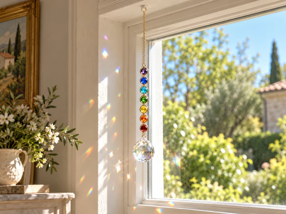 Suspension dorée à sept pierres colorées devant un grand carreau de séjour traversé par un rayon de soleil