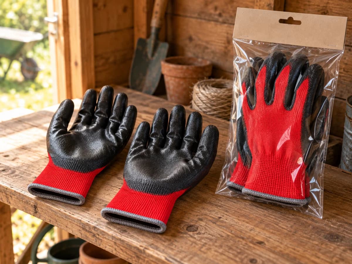 Deux paires de gants noirs sur l'étagère d'un abri de jardin, l'une posée à plat et l'autre encore dans son sachet fermé