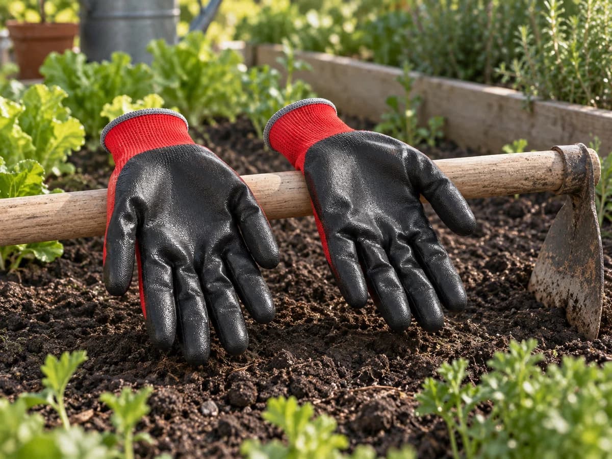 Paire de gants de jardinage noirs posée à plat sur un manche de binette en bois, paume enduite tournée vers le haut