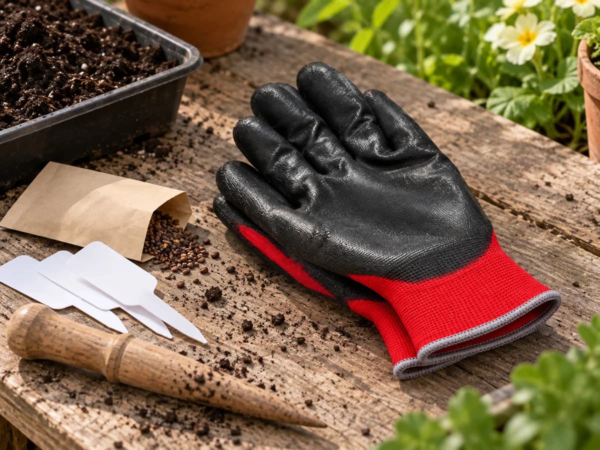 Étiquettes de semis et sachet de graines posés sur une planche de bois, une paire de gants noirs repliée à côté