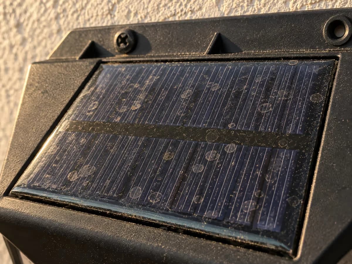 Face inclinée d'une applique solaire noire voilée d'un fin film de pollen, vue rapprochée en lumière rasante de fin d'après-midi
