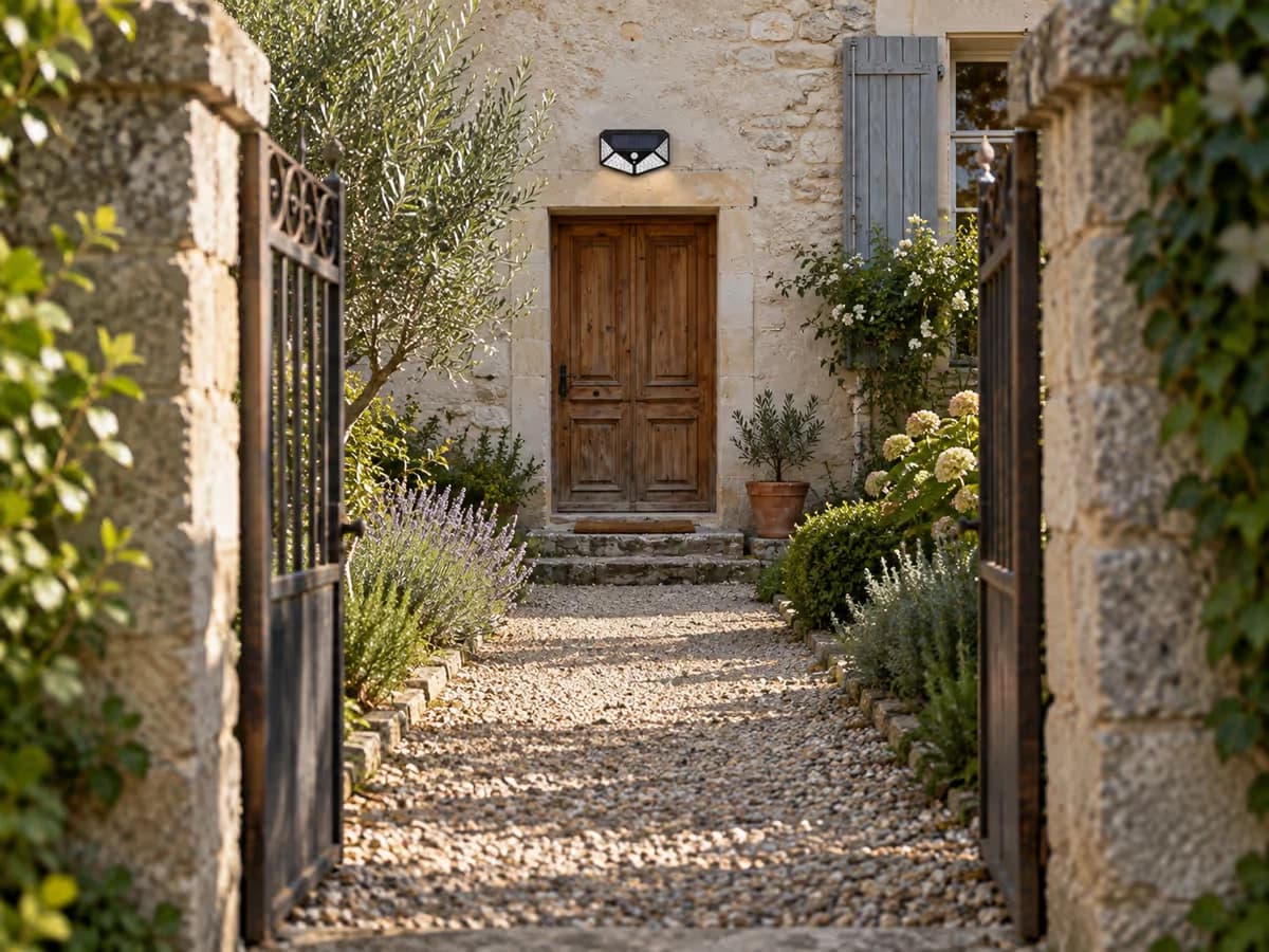 Allée de gravier vue depuis un portillon de jardin, applique solaire noire posée au-dessus d'une porte au fond, à hauteur de marcheur