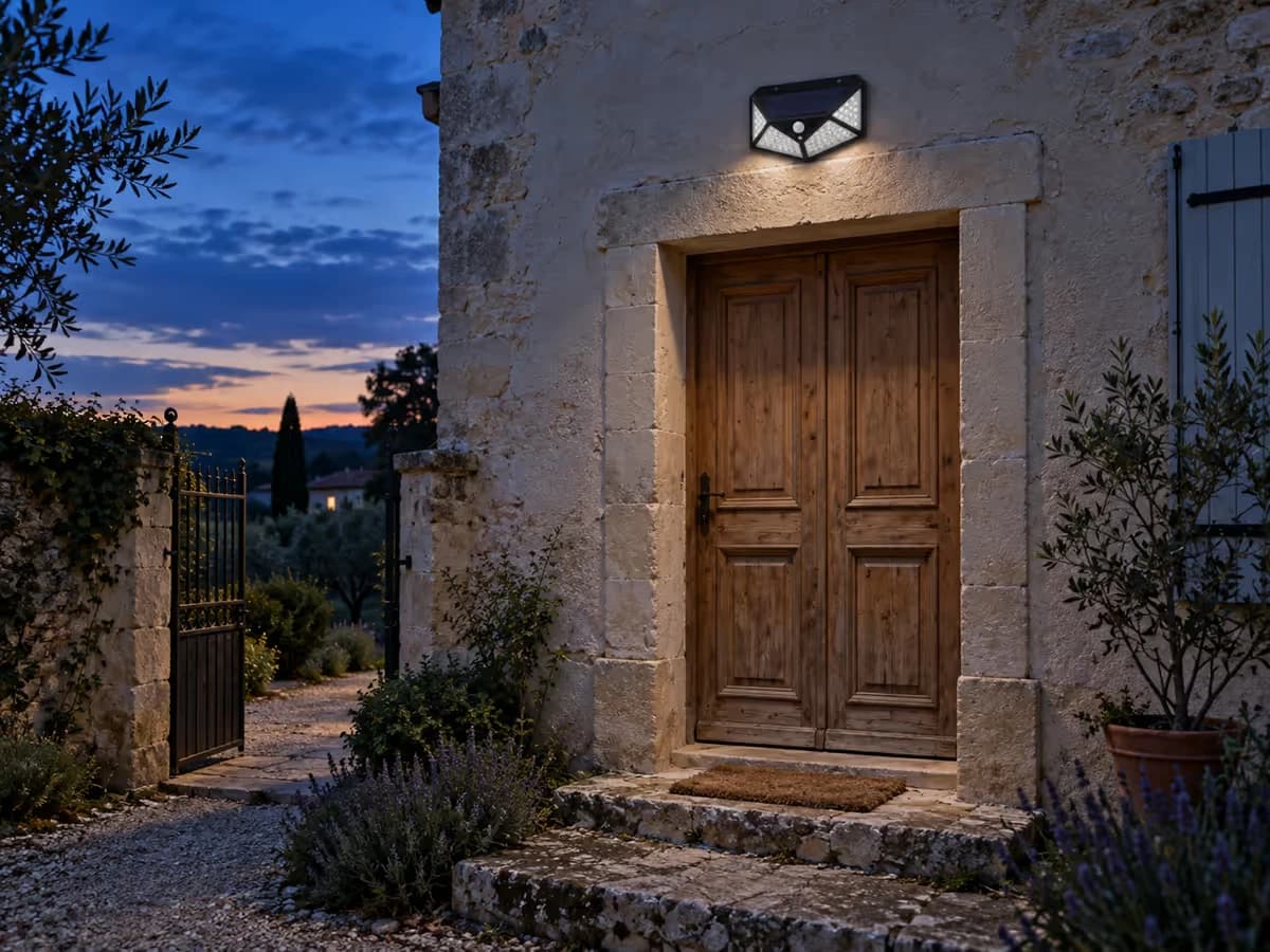 Applique solaire noire au-dessus d'un pas de porte en pierre, lueur de veille au crépuscule, portillon ouvert au fond de l'allée