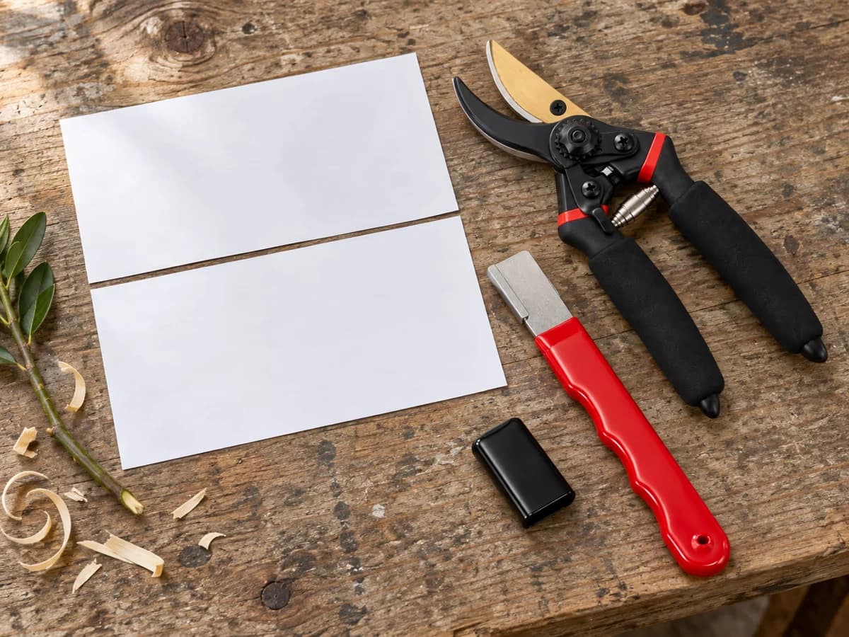 Feuille de papier coupée net posée sur un établi de bois, sécateur ouvert et pierre à affûter à côté