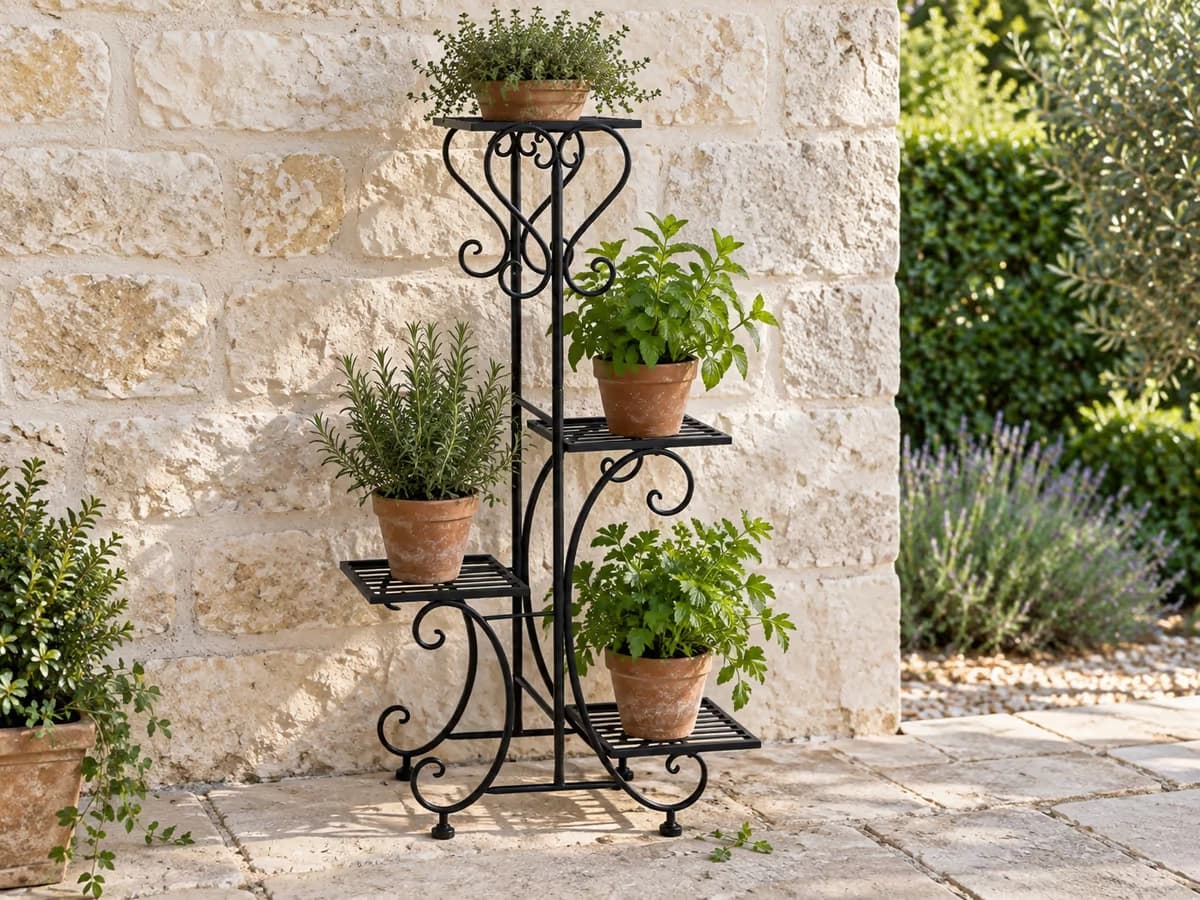 Porte plantes en fer forgé noir adossé à un mur de pierre claire sur une terrasse, quatre pots de plantes aromatiques garnis