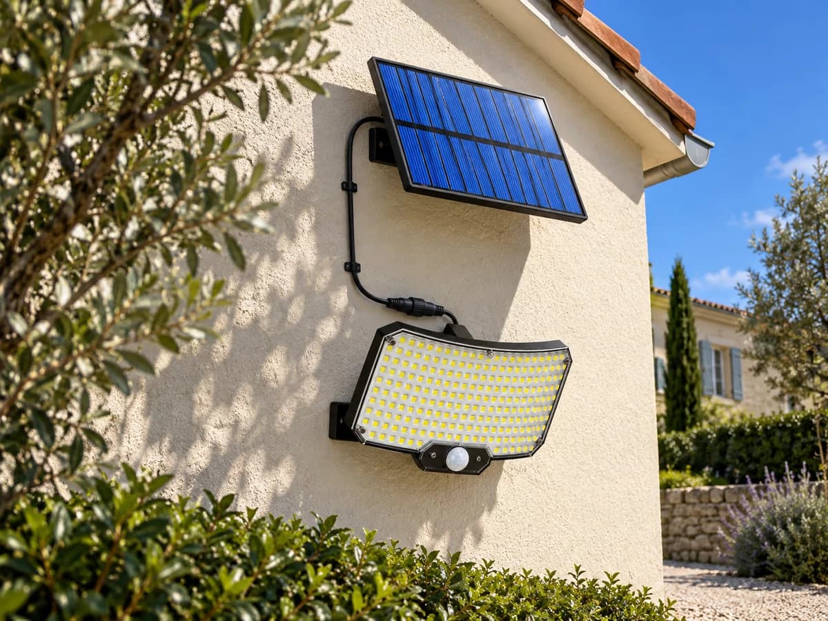 Petit panneau solaire rectangulaire fixé sur un pignon ensoleillé, câble noir le long du mur vers un projecteur plus bas