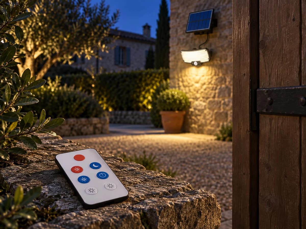 Télécommande blanche plate posée sur un muret de pierre près d'une porte, projecteur allumé en arrière-plan dans la cour