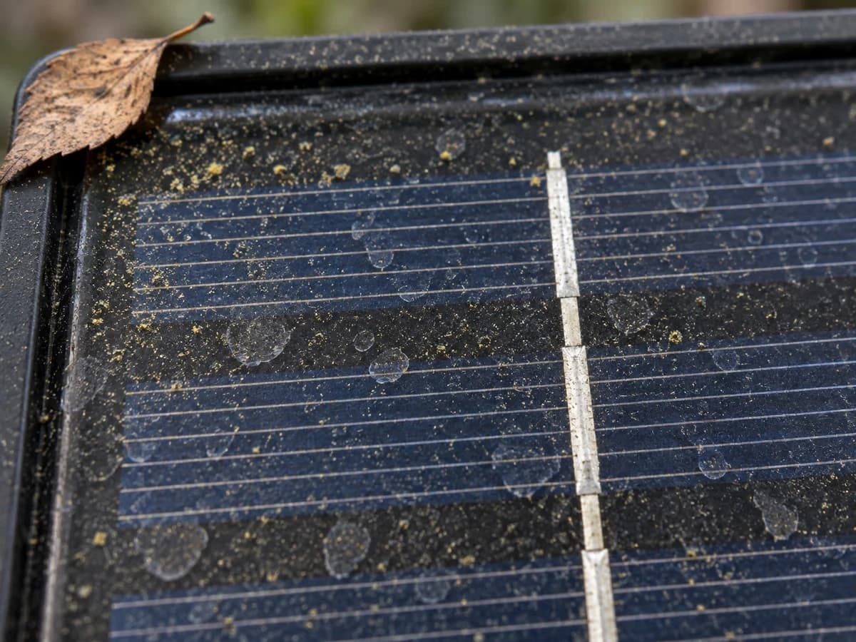 Gros plan sur la face vitrée d'un petit panneau solaire couverte d'une pellicule de pollen jaune et de gouttes de pluie séchées, feuille morte posée sur un angle