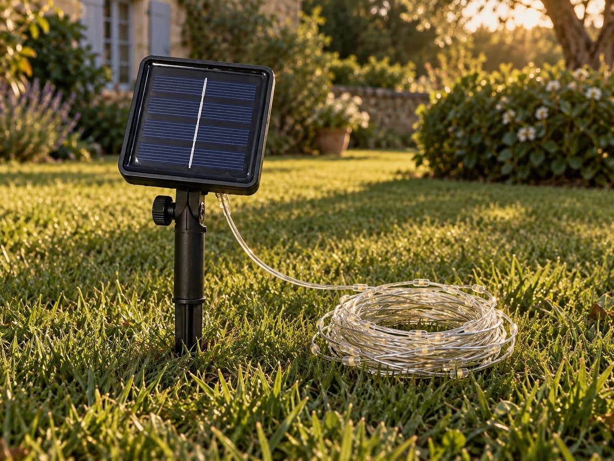 Panneau solaire carré sur piquet planté dans une pelouse rase en fin d'après-midi, ombre longue d'un arbuste à quelques mètres, lumière dorée