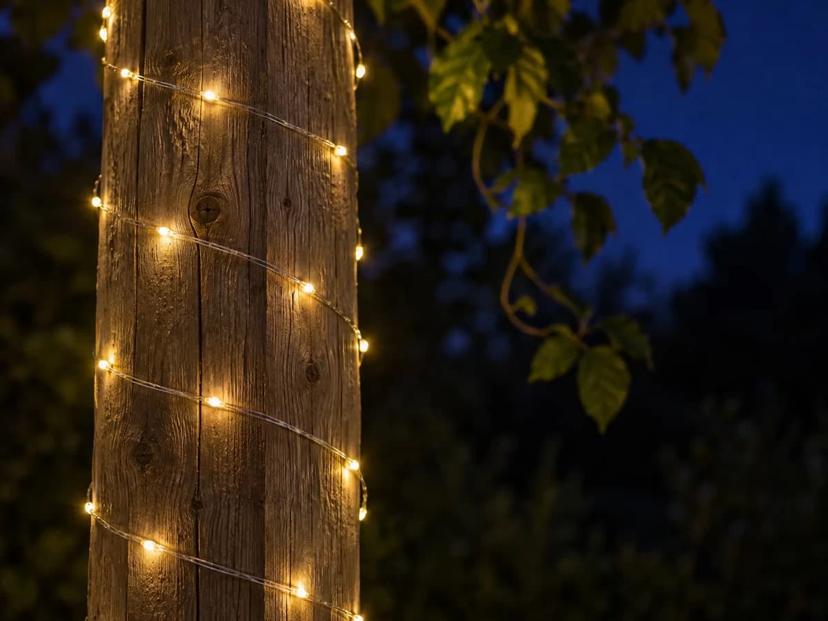 Fil à micro diodes allumé en petits points blanc chaud enroulé sur le montant de bois d'une pergola, nuit bleue, quelques feuilles dans le cadre