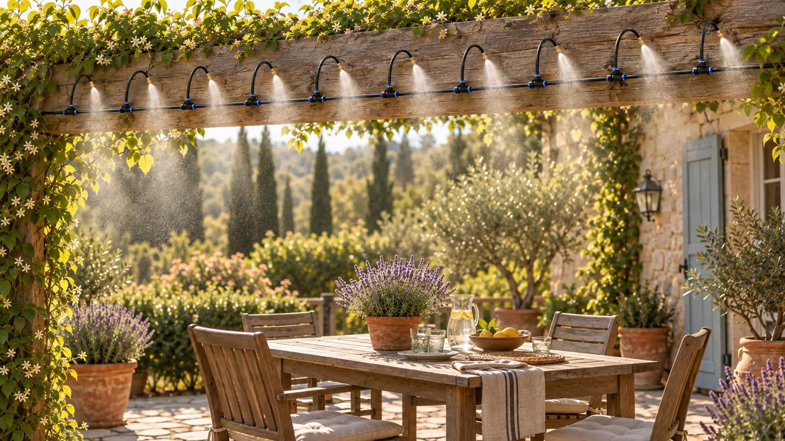 Ligne de brumisation fixée sous une pergola de terrasse en bois, fine brume suspendue dans la lumière d'un après-midi d'été