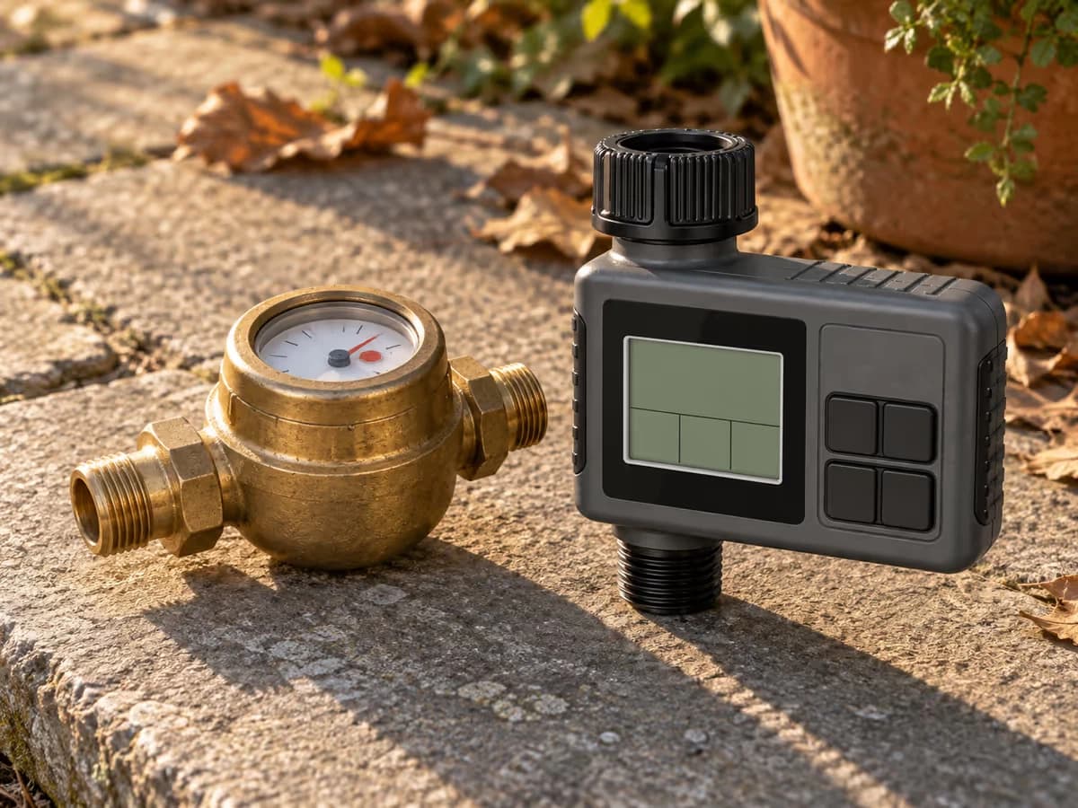 Compteur d'eau de jardin en laiton et programmateur à écran posés sur une dalle de terrasse, lumière rasante de fin d'après-midi