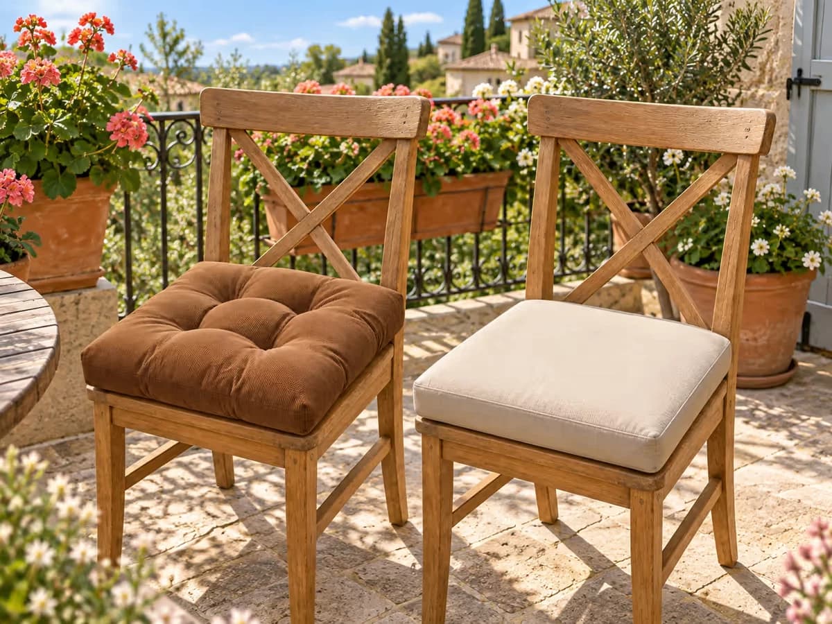 Deux chaises de jardin côte à côte sur un balcon ensoleillé, un coussin capitonné marron épais et une galette d'assise unie beige
