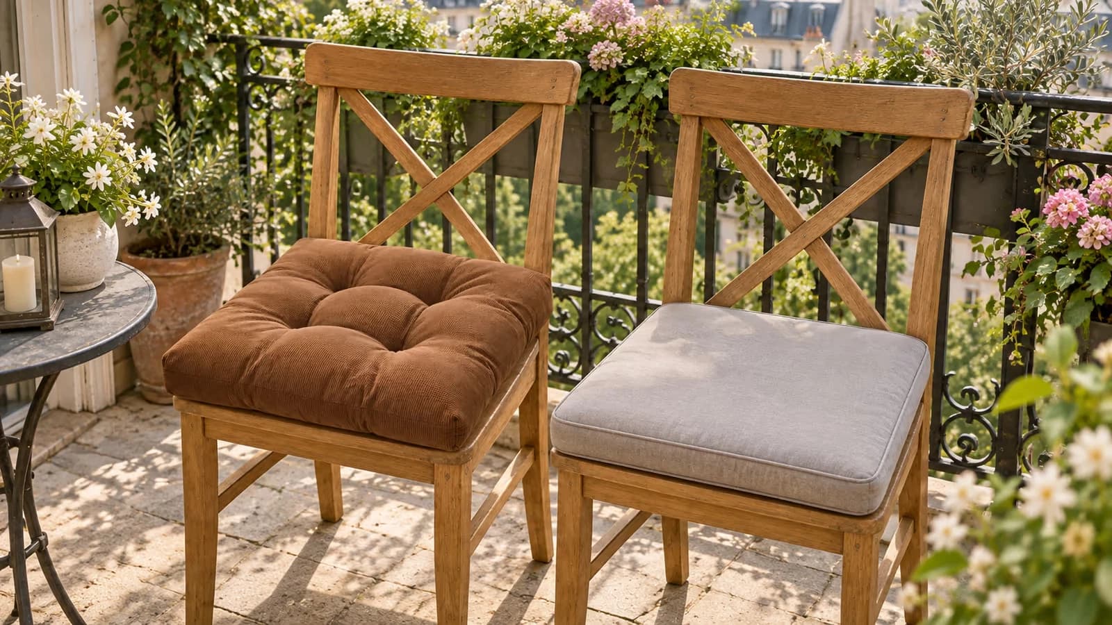 Deux chaises de balcon en bois côte à côte, l'une avec un coussin carré épais en velours côtelé marron, l'autre avec une galette unie gris clair