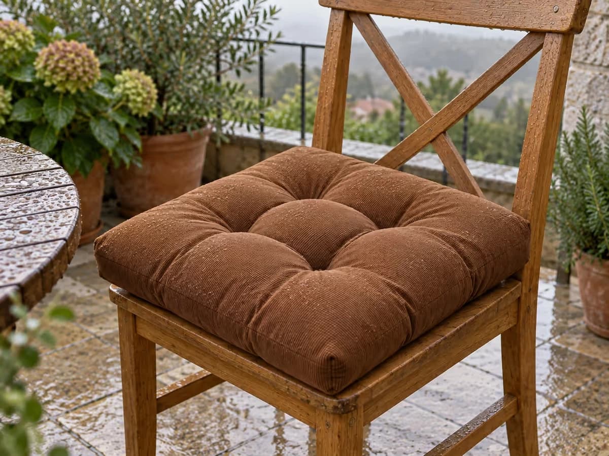 Coussin carré en velours côtelé marron posé sur une chaise de balcon, gouttes d'eau sur les côtes après la pluie, ciel couvert