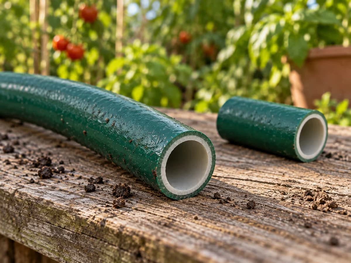 Extrémité d'un tuyau d'arrosage vert coupée bien droit sur une planche, chant net sans bavure