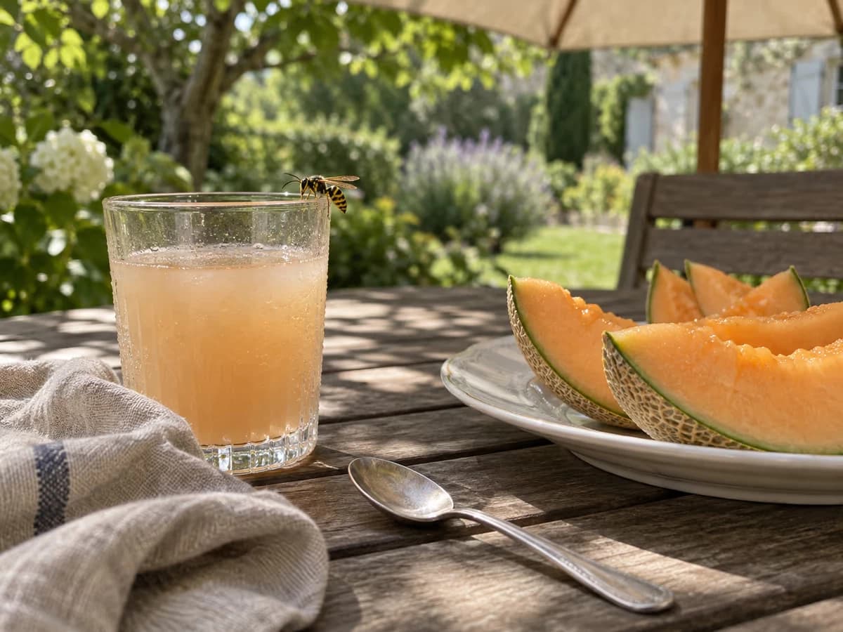 Table de terrasse à l'ombre d'un parasol, verre de sirop et assiette de melon abandonnés, une guêpe posée sur le rebord du verre