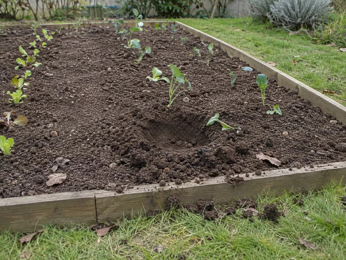 Terre fraîche d'un massif bêché creusée en cuvette au pied de jeunes plants, semis penchés et terre projetée sur les bordures