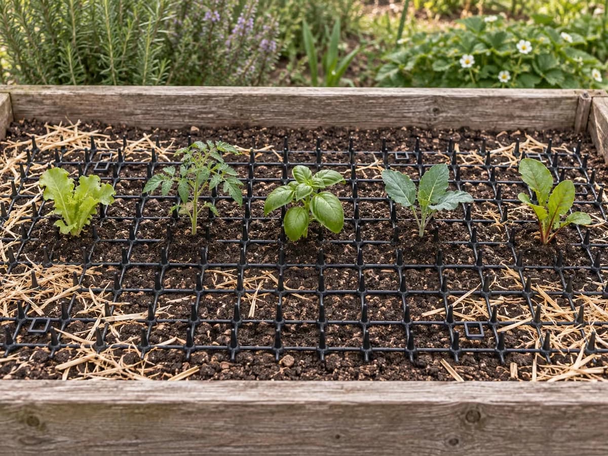 Bande noire souple à picots déroulée à plat sur le terreau d'une jardinière, autour de jeunes plants en godet, par une lumière de matin de printemps