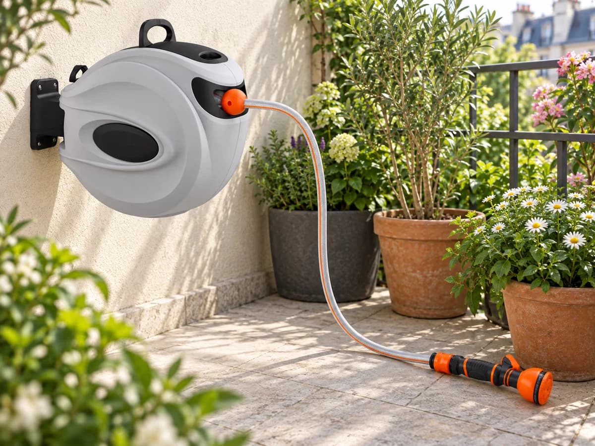 Bras pivotant d'un enrouleur mural orienté vers des jardinières de balcon, tuyau sortant à l'horizontale sur un carrelage clair