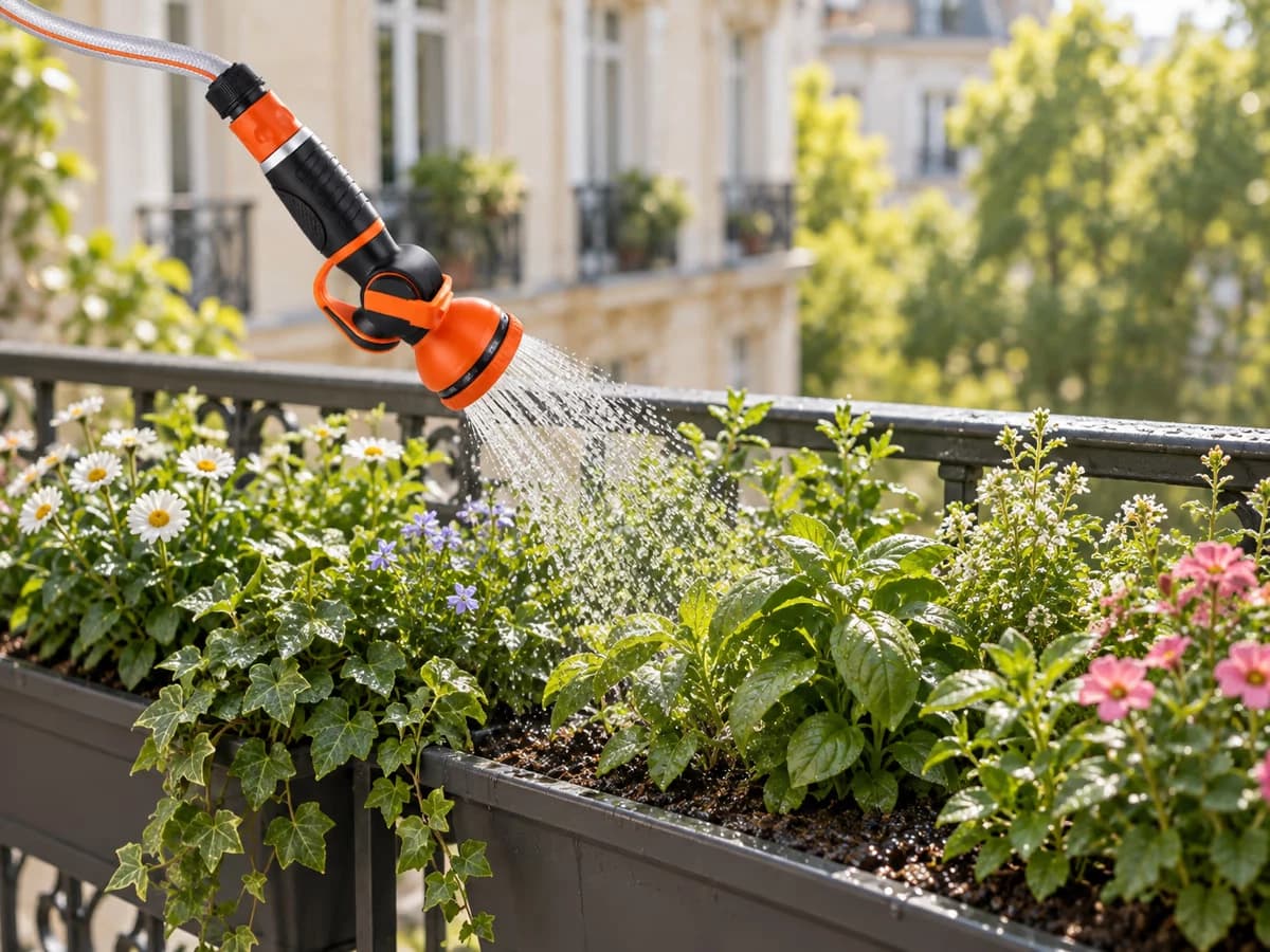 Jet en pluie fine sur des jardinières de balcon en bord de garde-corps, substrat humide en surface, matin lumineux