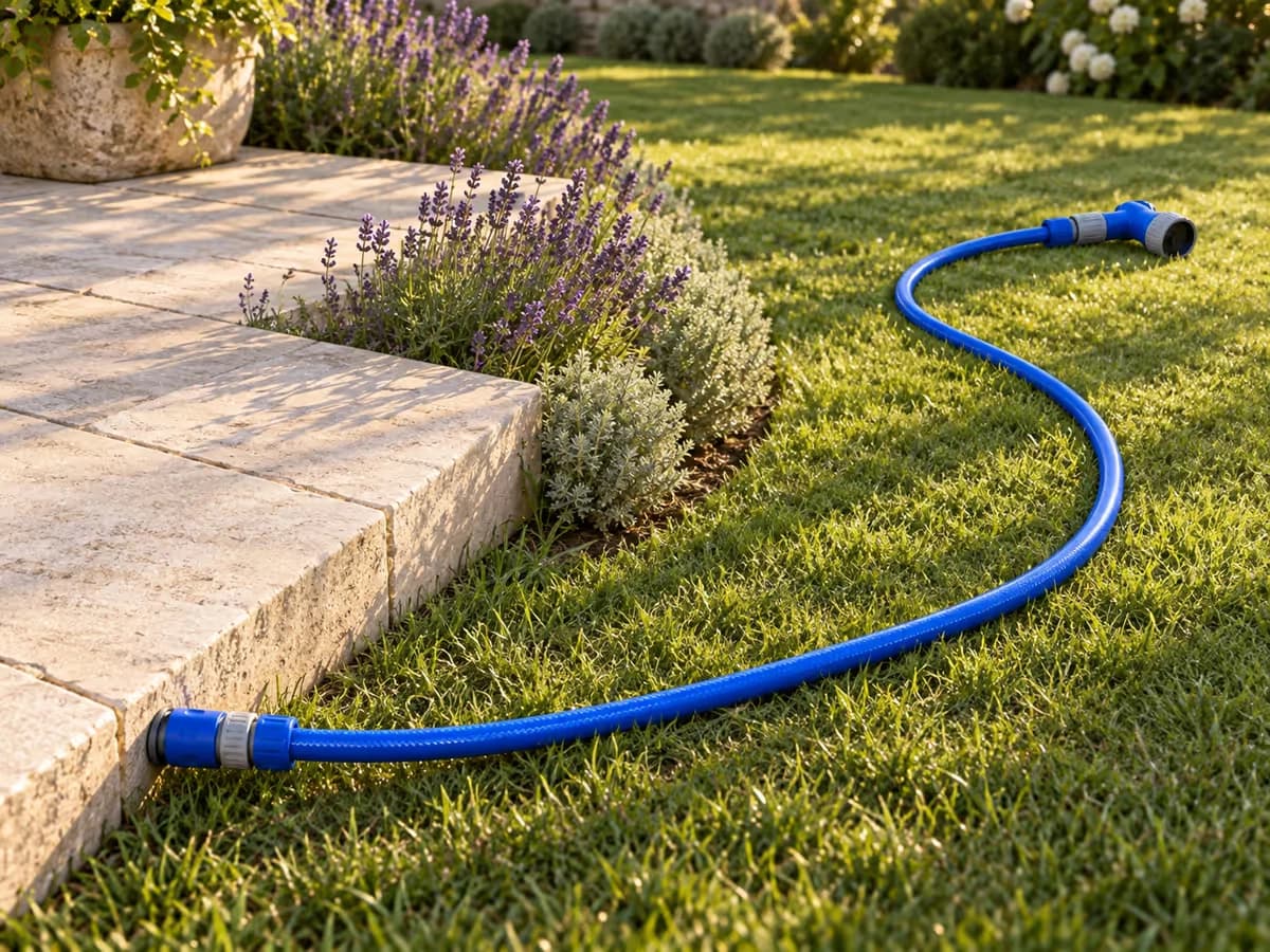 Tuyau d'arrosage bleu déroulé en diagonale sur une pelouse, contournant une terrasse en dalles claires