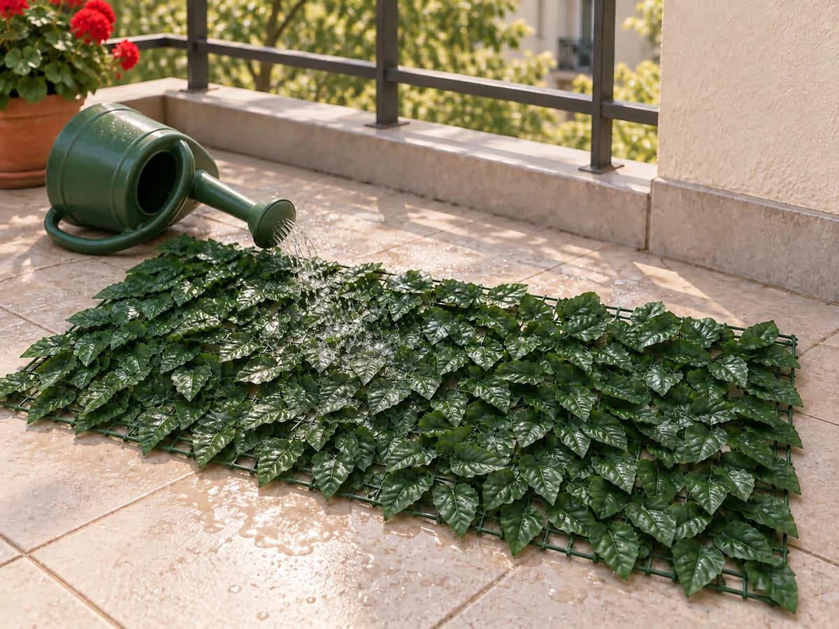 Eau claire versée d'un arrosoir à pomme sur un panneau de feuillage artificiel vert posé à plat, gouttes perçant la poussière sur les feuilles nervurées