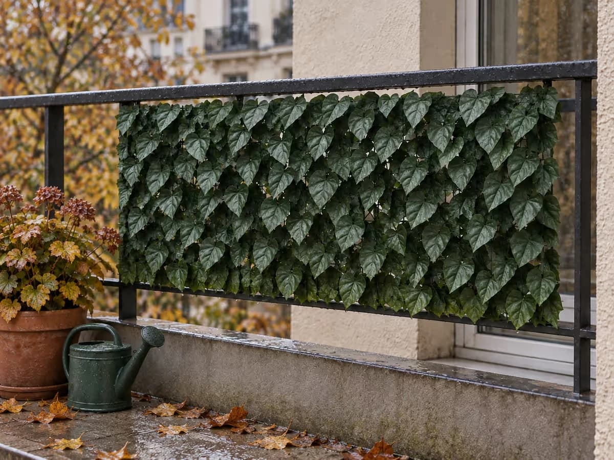 Feuilles inférieures d'un panneau de feuillage artificiel recouvertes d'un léger voile vert d'algues, gouttes de pluie, balcon ombragé en automne