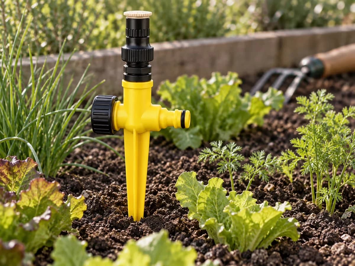 Tourelle d'arroseur rotatif sur piquet contrôlée avant la première mise en eau du printemps, dans un carré de potager