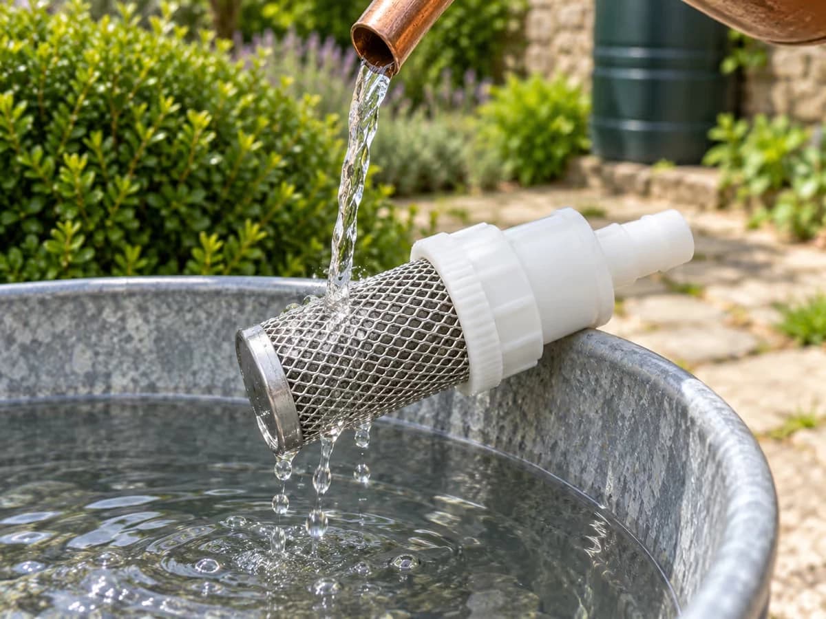 Cage à tamis inox rincée à l'eau claire au-dessus d'un seau, filet d'eau dirigé sur la face extérieure des mailles et tombant en gouttes claires