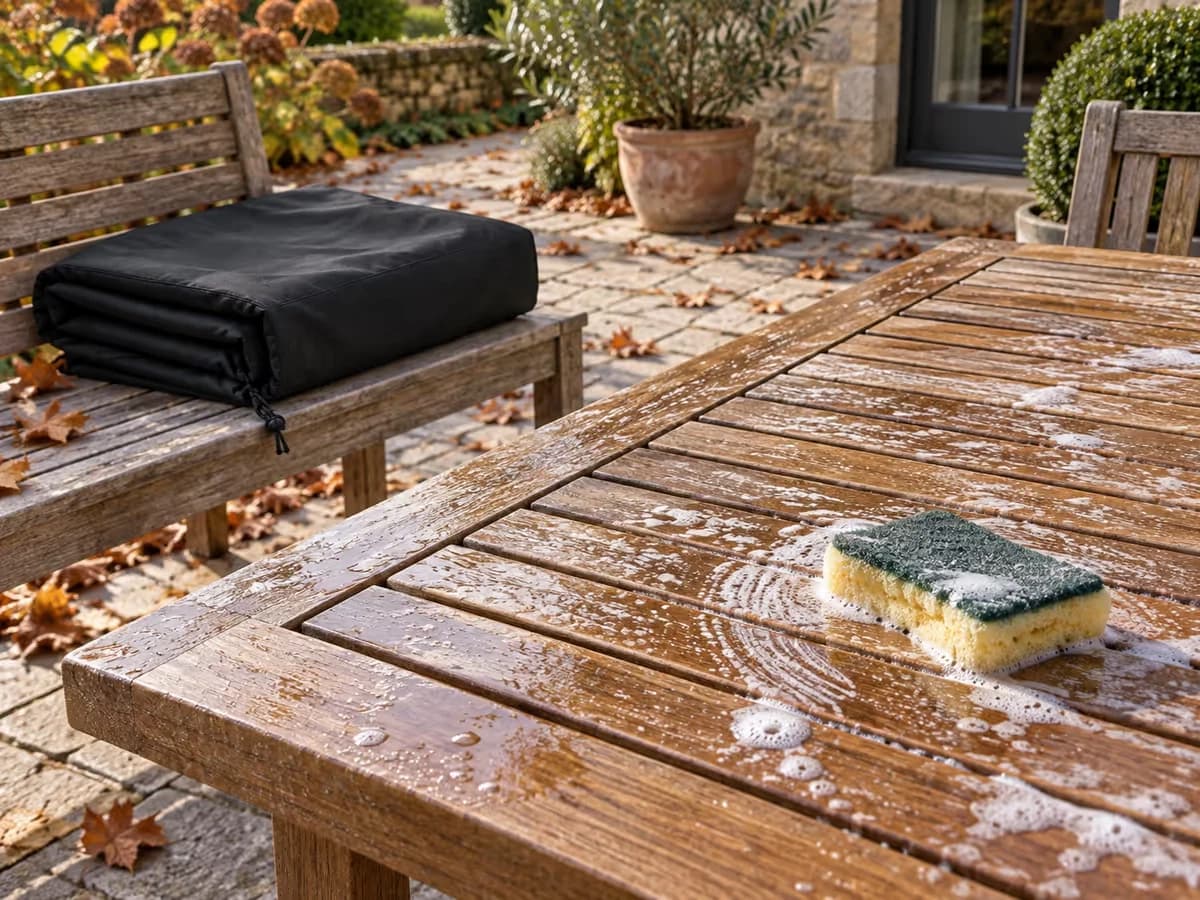 Plateau de table de jardin en bois brossé à l'eau savonneuse un matin d'octobre, feuilles mortes sur les pavés autour