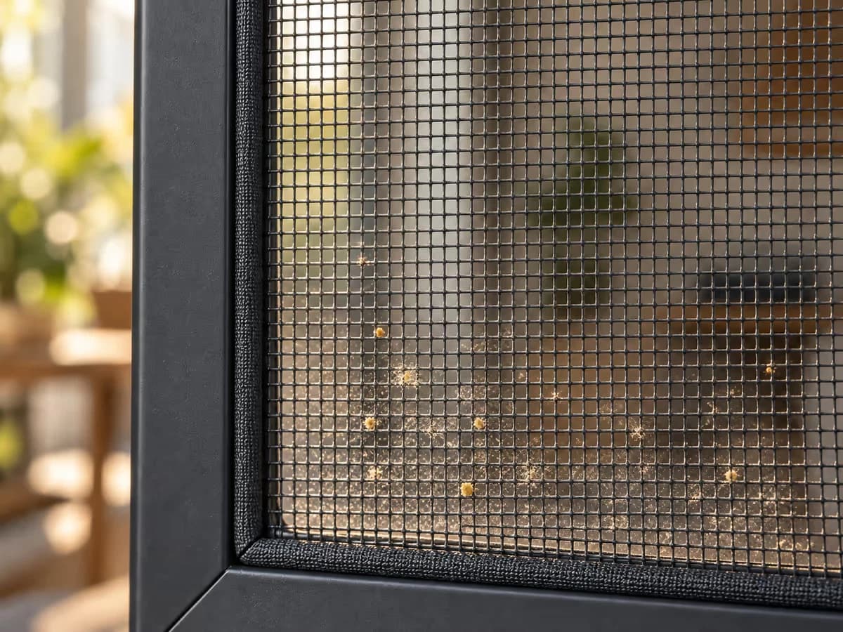 Maille noire d'un tulle moustiquaire tendue sur son cadre profilé, poussière et pollen visibles dans la trame sous une lumière rasante d'automne