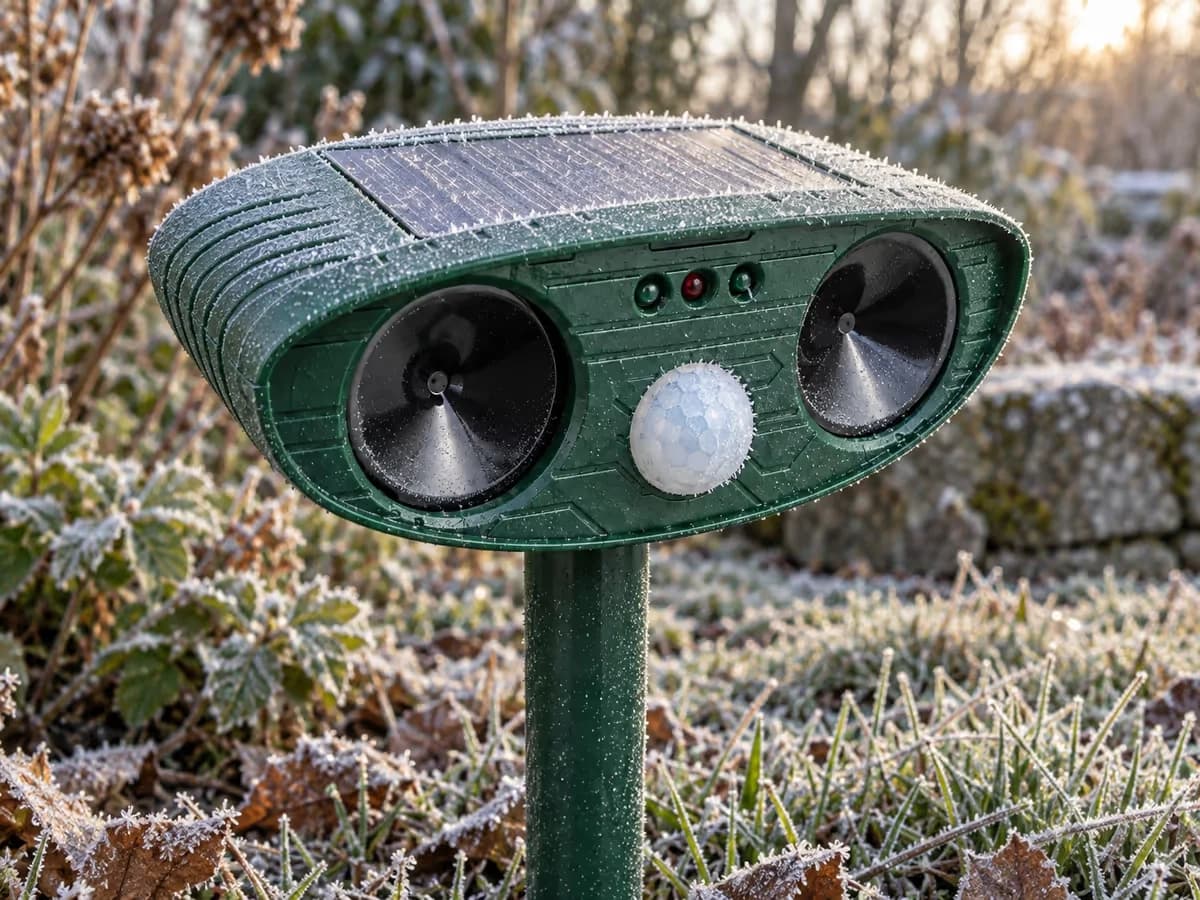 Coupelle translucide d'un détecteur de mouvement couverte de givre, boîtier solaire vert par une matinée d'hiver