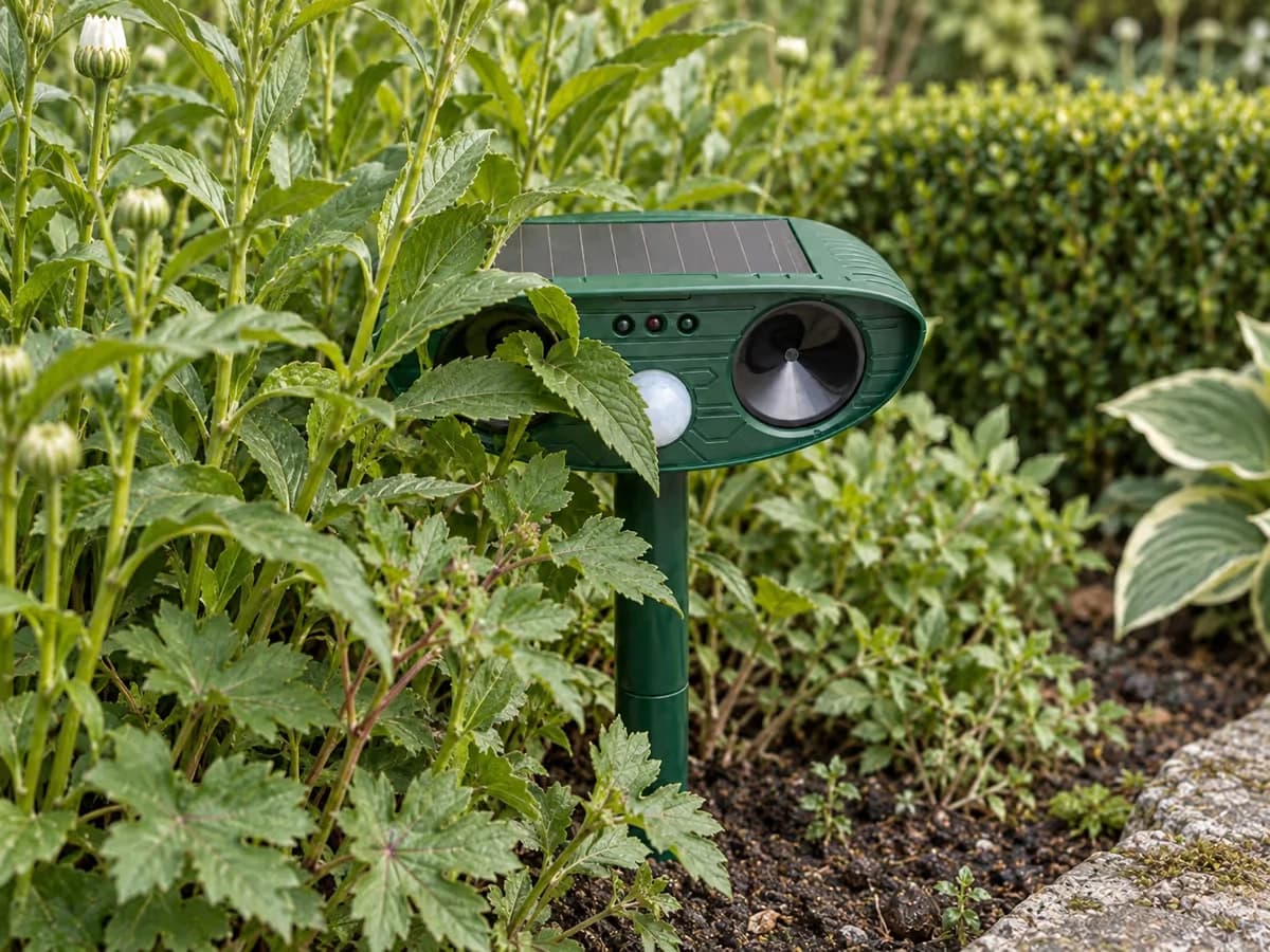 Touffe de vivaces montée devant un boîtier solaire sur piquet, feuillage masquant la coupelle du détecteur