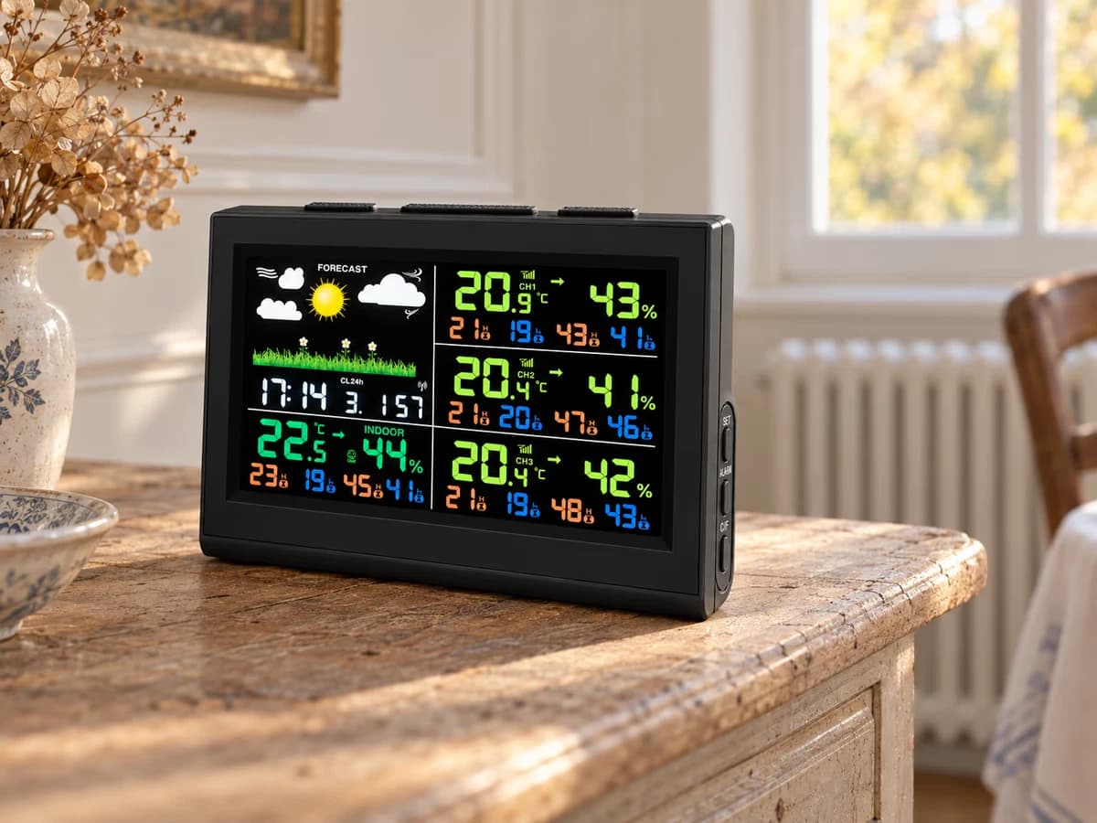 Console à écran couleur sur un buffet de salle à manger, pictogramme de confort visible près de chaque relevé, radiateur flou en arrière-plan, lumière d'automne par la fenêtre
