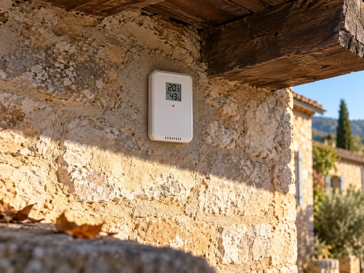 Sonde blanche fixée sur un mur de pierre sous un débord de toit en bois, ligne d'ombre nette sur la façade, soleil fort en fin de journée